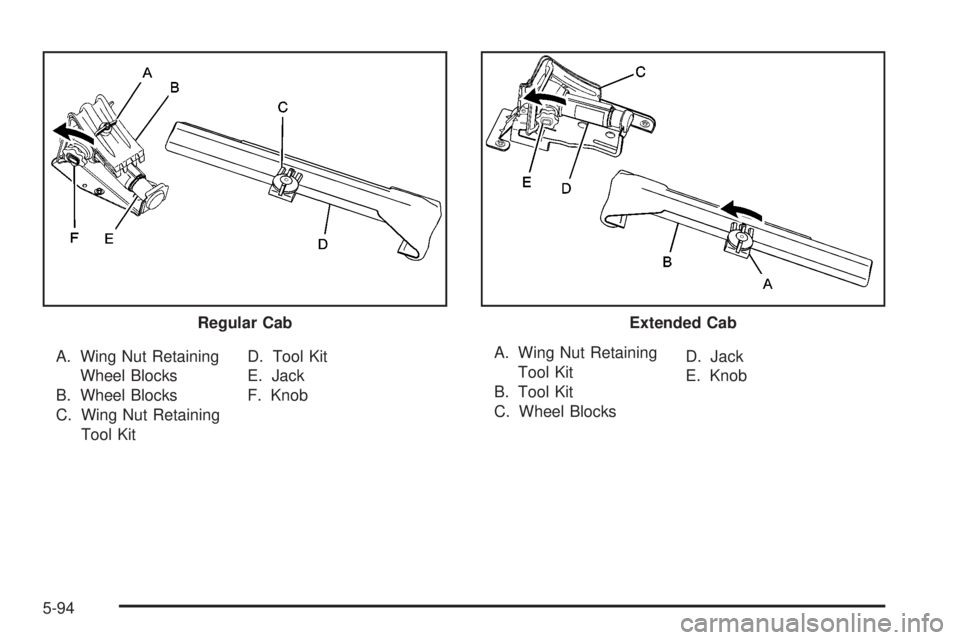 GMC SIERRA 2008  Owners Manual A. Wing Nut Retaining
Wheel Blocks
B. Wheel Blocks
C. Wing Nut Retaining
Tool KitD. Tool Kit
E. Jack
F. KnobA. Wing Nut Retaining
Tool Kit
B. Tool Kit
C. Wheel BlocksD. Jack
E. Knob Regular Cab
Extend