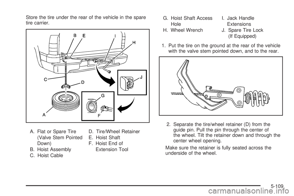 GMC SIERRA 2008  Owners Manual Store the tire under the rear of the vehicle in the spare
tire carrier.
A. Flat or Spare Tire
(Valve Stem Pointed
Down)
B. Hoist Assembly
C. Hoist CableD. Tire/Wheel Retainer
E. Hoist Shaft
F. Hoist E