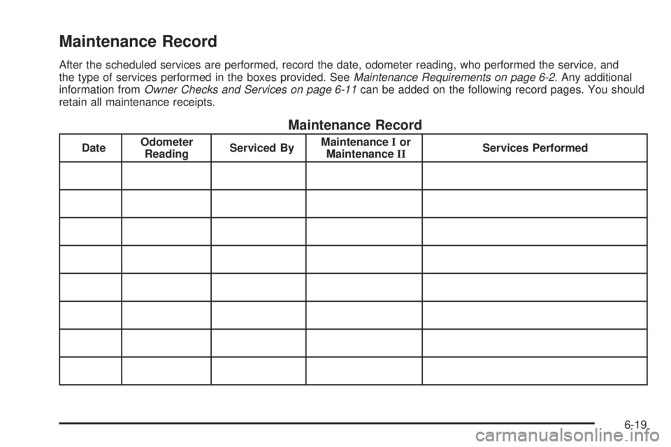GMC SIERRA 2008  Owners Manual Maintenance Record
After the scheduled services are performed, record the date, odometer reading, who performed the service, and
the type of services performed in the boxes provided. SeeMaintenance Re