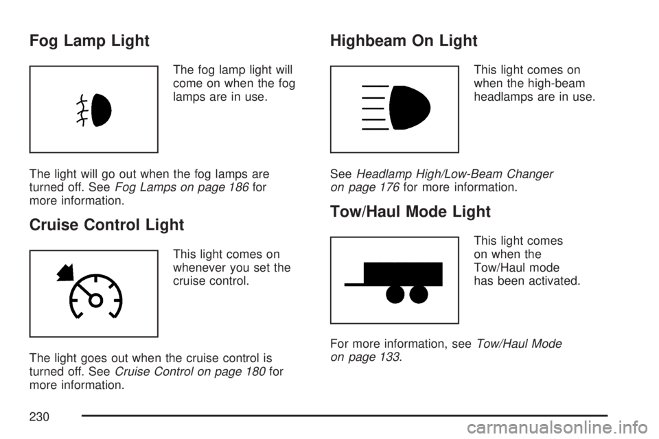 GMC ACADIA 2007  Owners Manual Fog Lamp Light
The fog lamp light will
come on when the fog
lamps are in use.
The light will go out when the fog lamps are
turned off. SeeFog Lamps on page 186for
more information.
Cruise Control Ligh