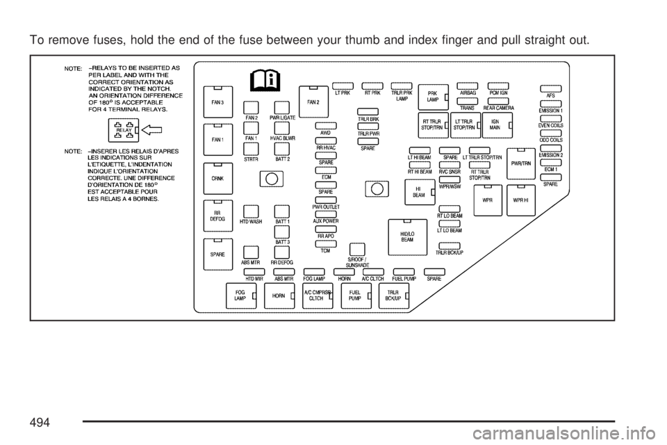 GMC ACADIA 2007  Owners Manual To remove fuses, hold the end of the fuse between your thumb and index �nger and pull straight out.
494 