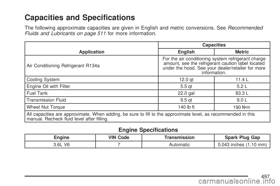 GMC ACADIA 2007  Owners Manual Capacities and Speci�cations
The following approximate capacities are given in English and metric conversions. SeeRecommended
Fluids and Lubricants on page 511for more information.
ApplicationCapaciti