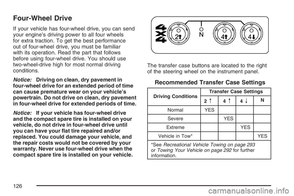 GMC CANYON 2007  Owners Manual Four-Wheel Drive
If your vehicle has four-wheel drive, you can send
your engine’s driving power to all four wheels
for extra traction. To get the best performance
out of four-wheel drive, you must b