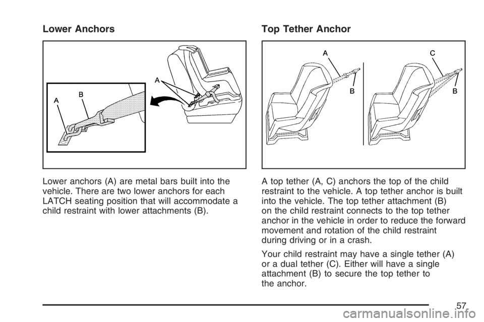 GMC CANYON 2007  Owners Manual Lower Anchors
Lower anchors (A) are metal bars built into the
vehicle. There are two lower anchors for each
LATCH seating position that will accommodate a
child restraint with lower attachments (B).
T