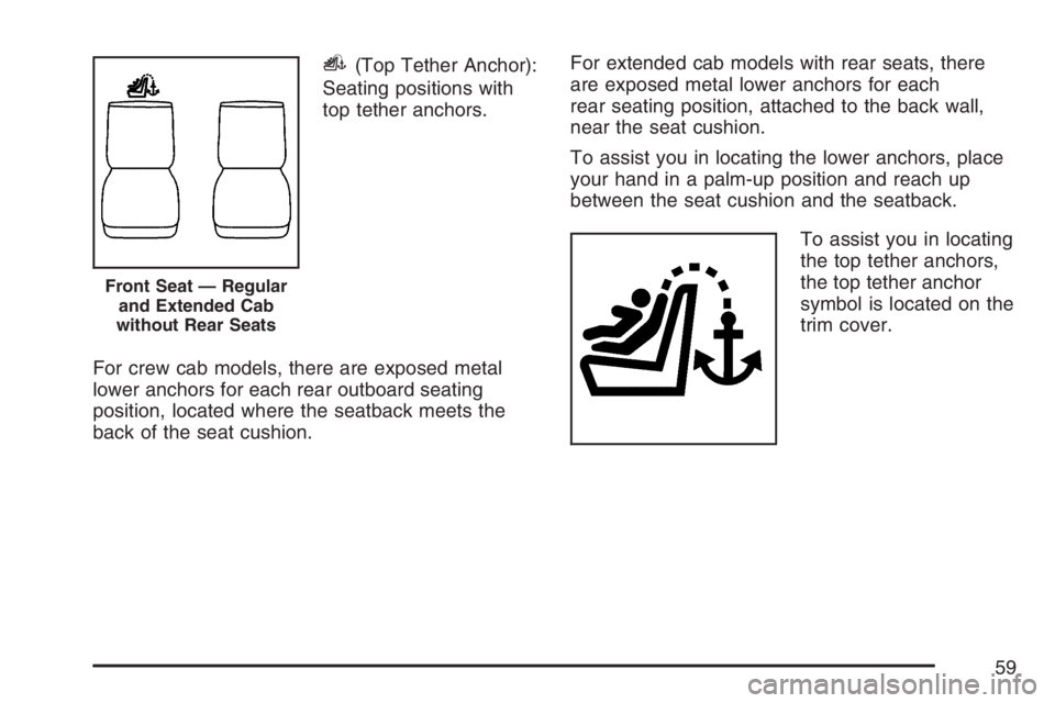 GMC CANYON 2007  Owners Manual i(Top Tether Anchor):
Seating positions with
top tether anchors.
For crew cab models, there are exposed metal
lower anchors for each rear outboard seating
position, located where the seatback meets th
