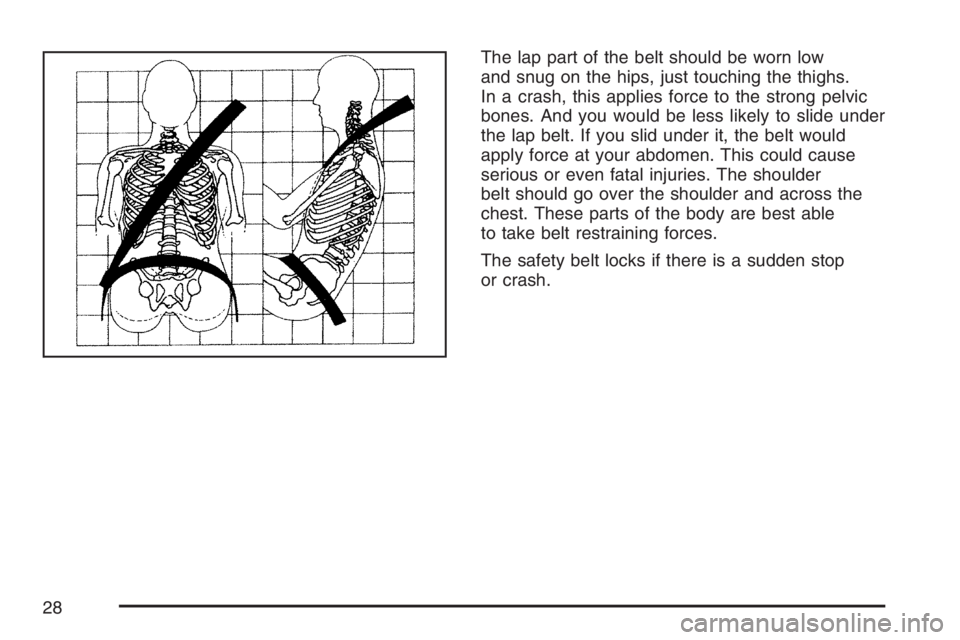 GMC ENVOY 2007  Owners Manual The lap part of the belt should be worn low
and snug on the hips, just touching the thighs.
In a crash, this applies force to the strong pelvic
bones. And you would be less likely to slide under
the l