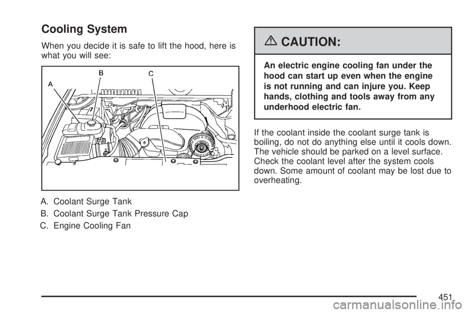 GMC YUKON 2007  Owners Manual Cooling System
When you decide it is safe to lift the hood, here is
what you will see:
A. Coolant Surge Tank
B. Coolant Surge Tank Pressure Cap
C. Engine Cooling Fan{CAUTION:
An electric engine coolin
