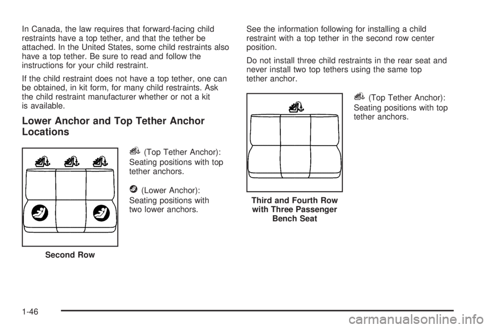 GMC SAVANA 2006  Owners Manual In Canada, the law requires that forward-facing child
restraints have a top tether, and that the tether be
attached. In the United States, some child restraints also
have a top tether. Be sure to read