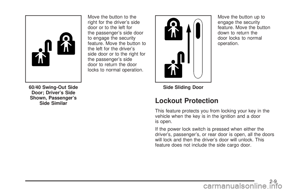 GMC SAVANA 2006  Owners Manual Move the button to the
right for the driver’s side
door or to the left for
the passenger’s side door
to engage the security
feature. Move the button to
the left for the driver’s
side door or to 