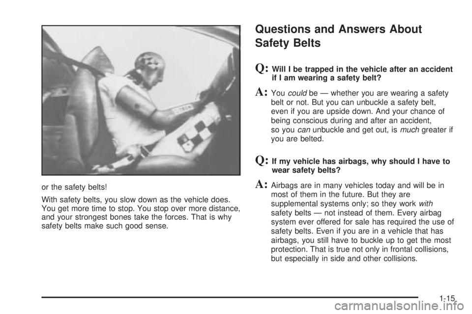 GMC SIERRA 2006  Owners Manual or the safety belts!
With safety belts, you slow down as the vehicle does.
You get more time to stop. You stop over more distance,
and your strongest bones take the forces. That is why
safety belts ma
