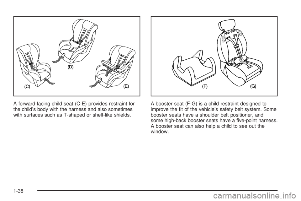 GMC SIERRA 2006  Owners Manual A forward-facing child seat (C-E) provides restraint for
the child’s body with the harness and also sometimes
with surfaces such as T-shaped or shelf-like shields.A booster seat (F-G) is a child res