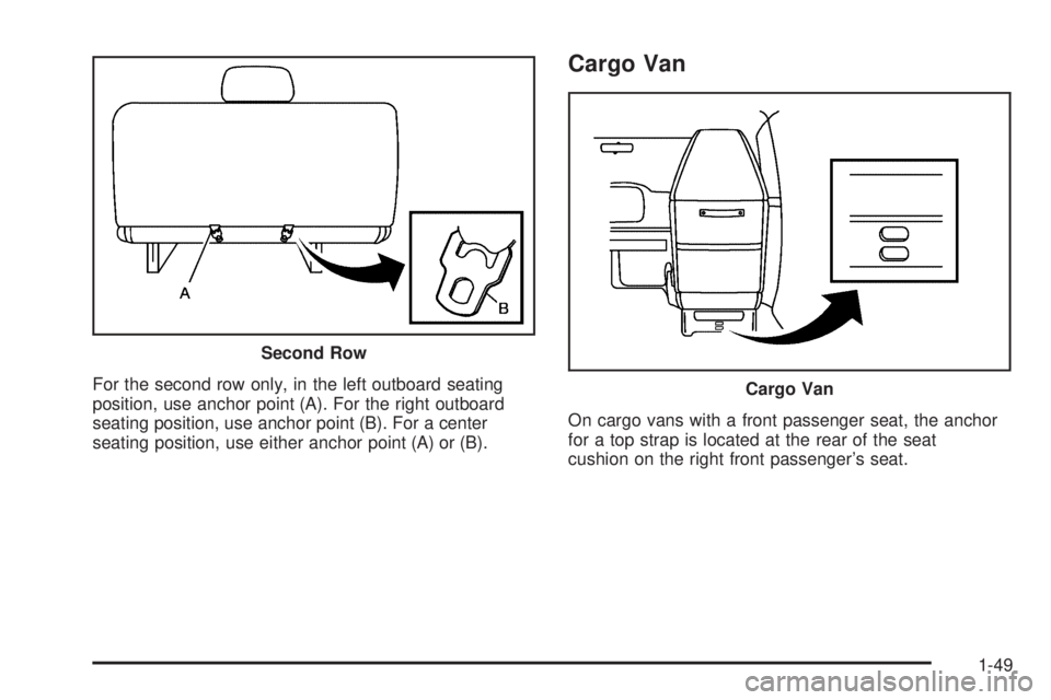 GMC SAVANA 2005  Owners Manual For the second row only, in the left outboard seating
position, use anchor point (A). For the right outboard
seating position, use anchor point (B). For a center
seating position, use either anchor po