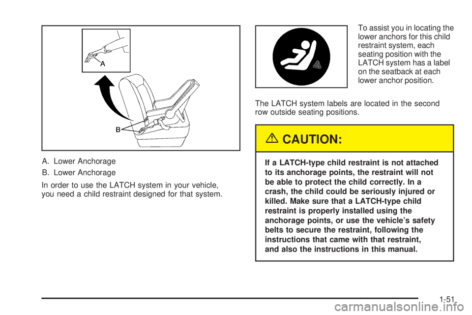 GMC SAVANA 2005  Owners Manual A. Lower Anchorage
B. Lower Anchorage
In order to use the LATCH system in your vehicle,
you need a child restraint designed for that system.To assist you in locating the
lower anchors for this child
r