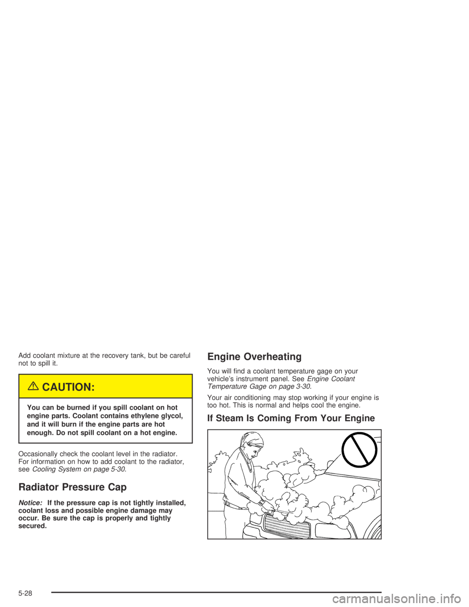 GMC CANYON 2004  Owners Manual Add coolant mixture at the recovery tank, but be careful
not to spill it.
{CAUTION:
You can be burned if you spill coolant on hot
engine parts. Coolant contains ethylene glycol,
and it will burn if th