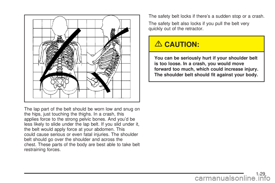 GMC SIERRA 2004  Owners Manual The lap part of the belt should be worn low and snug on
the hips, just touching the thighs. In a crash, this
applies force to the strong pelvic bones. And youd be
less likely to slide under the lap b