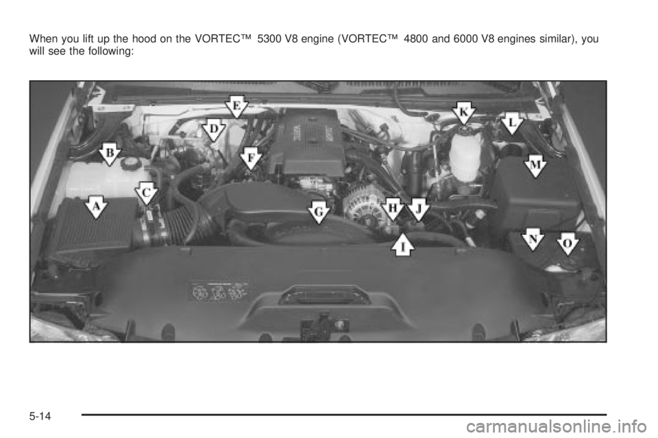 GMC SIERRA 2004  Owners Manual When you lift up the hood on the VORTECŸ 5300 V8 engine (VORTECŸ 4800 and 6000 V8 engines similar), you
will see the following:
5-14 