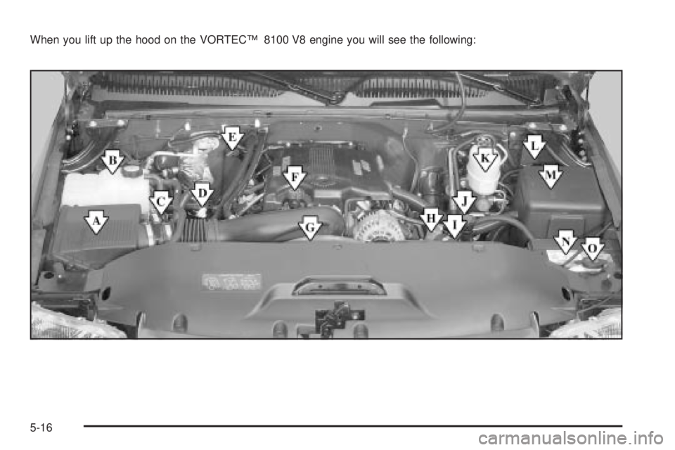 GMC SIERRA 2004  Owners Manual When you lift up the hood on the VORTECŸ 8100 V8 engine you will see the following:
5-16 
