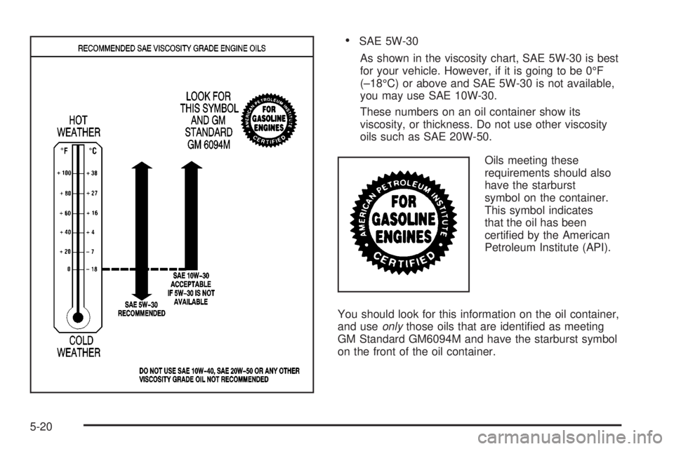 GMC SIERRA 2004  Owners Manual ·SAE 5W-30
As shown in the viscosity chart, SAE 5W-30 is best
for your vehicle. However, if it is going to be 0ÉF
(±18ÉC) or above and SAE 5W-30 is not available,
you may use SAE 10W-30.
These num