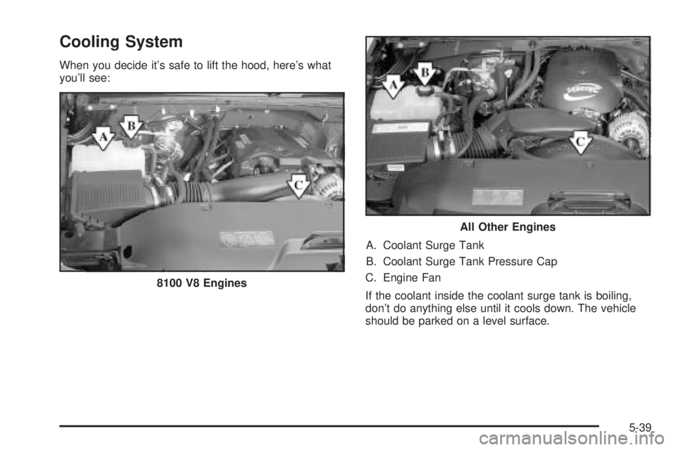 GMC SIERRA 2004  Owners Manual Cooling System
When you decide its safe to lift the hood, heres what
youll see:
A. Coolant Surge Tank
B. Coolant Surge Tank Pressure Cap
C. Engine Fan
If the coolant inside the coolant surge tank i