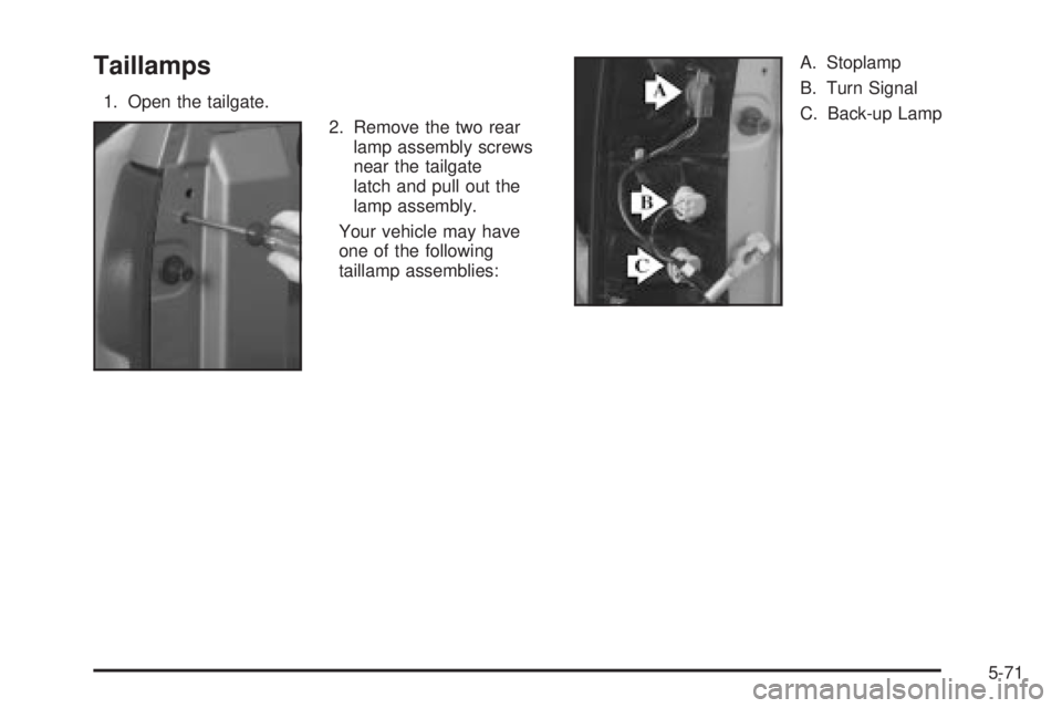 GMC SIERRA 2004  Owners Manual Taillamps
1. Open the tailgate.
2. Remove the two rear
lamp assembly screws
near the tailgate
latch and pull out the
lamp assembly.
Your vehicle may have
one of the following
taillamp assemblies:A. St