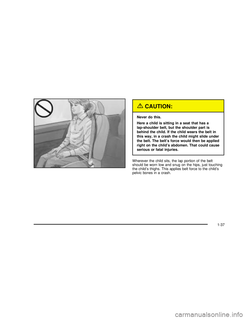 GMC SAFARI 2003  Owners Manual {CAUTION:
Never do this.
Here a child is sitting in a seat that has a
lap-shoulder belt, but the shoulder part is
behind the child. If the child wears the belt in
this way, in a crash the child might 