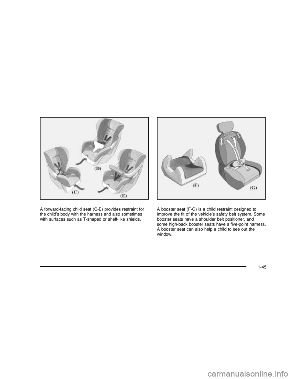 GMC SAFARI 2003  Owners Manual A forward-facing child seat (C-E) provides restraint for
the child’s body with the harness and also sometimes
with surfaces such as T-shaped or shelf-like shields.A booster seat (F-G) is a child res