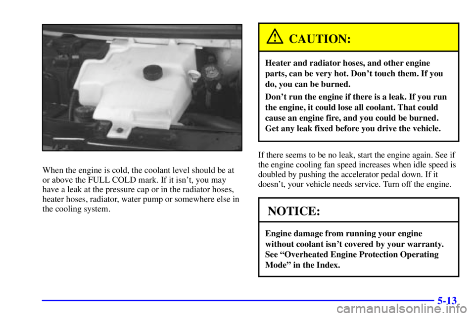 GMC SAVANA 2002  Owners Manual 5-13
When the engine is cold, the coolant level should be at
or above the FULL COLD mark. If it isnt, you may
have a leak at the pressure cap or in the radiator hoses,
heater hoses, radiator, water p