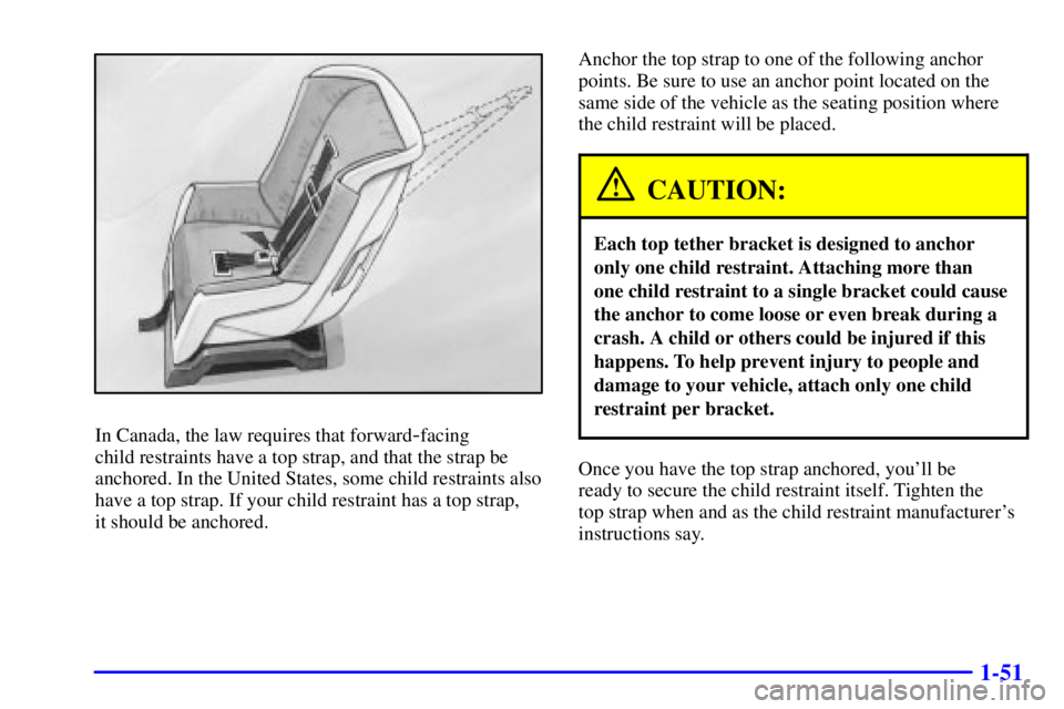 GMC SAVANA 2002 Owners Manual 1-51
In Canada, the law requires that forward-facing
child restraints have a top strap, and that the strap be
anchored. In the United States, some child restraints also
have a top strap. If your chil GMC SAVANA 2002 Owners Manual 1-51
In Canada, the law requires that forward-facing
child restraints have a top strap, and that the strap be
anchored. In the United States, some child restraints also
have a top strap. If your chil