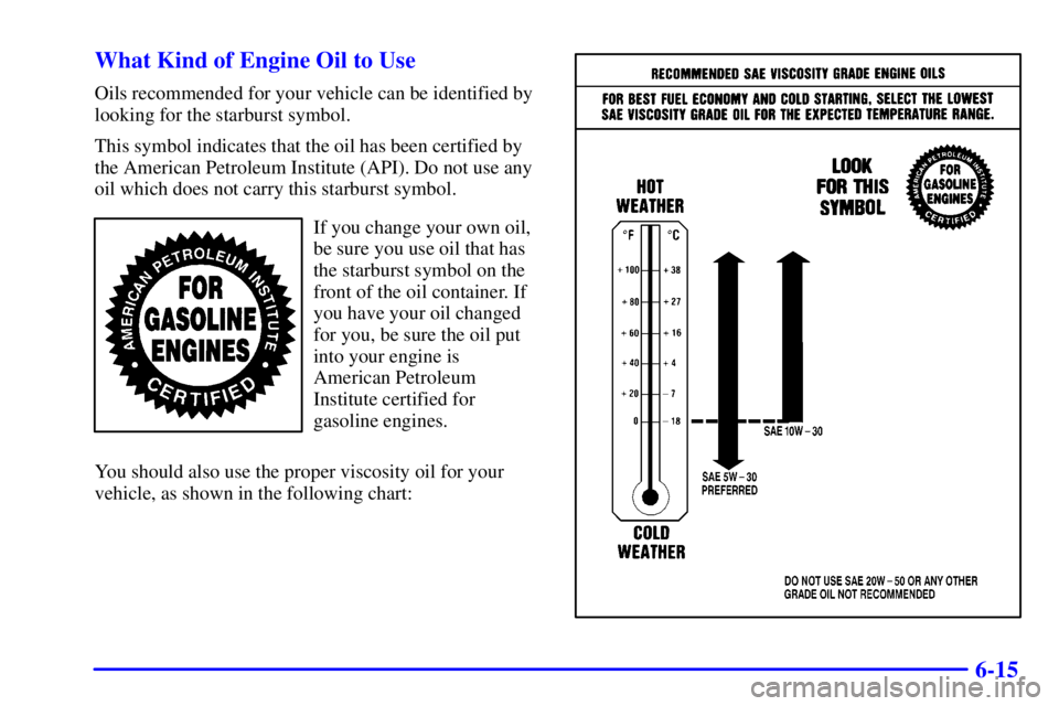 GMC SONOMA 2001  Owners Manual 6-15 What Kind of Engine Oil to Use
Oils recommended for your vehicle can be identified by
looking for the starburst symbol.
This symbol indicates that the oil has been certified by
the American Petro