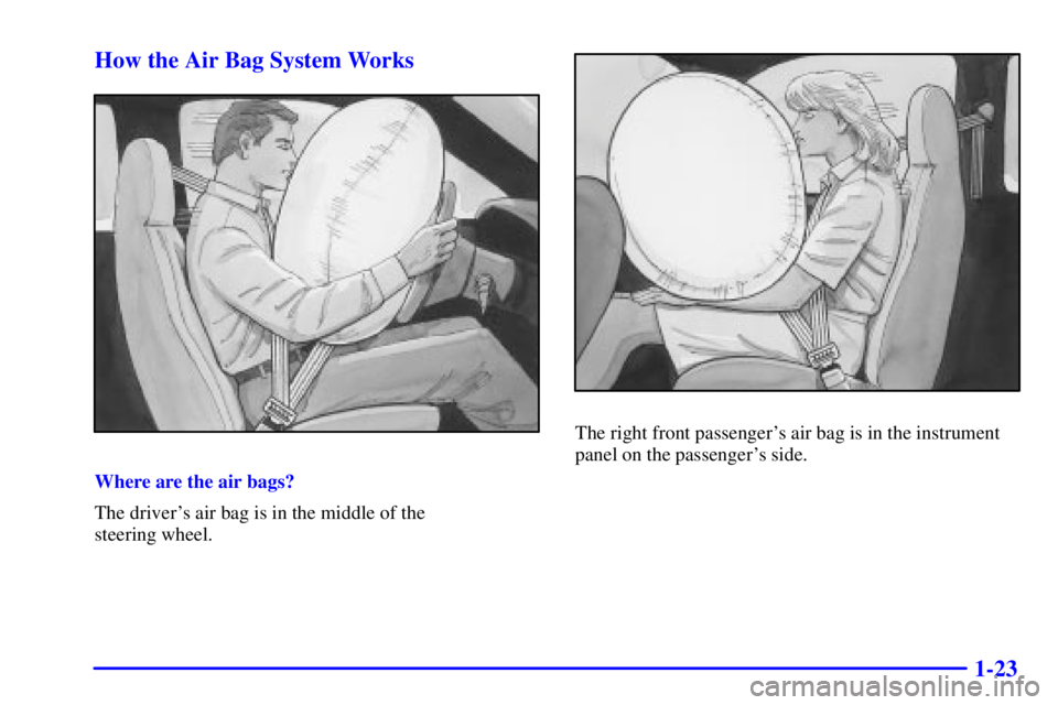 GMC SONOMA 2001  Owners Manual 1-23 How the Air Bag System Works
Where are the air bags?
The drivers air bag is in the middle of the 
steering wheel.
The right front passengers air bag is in the instrument
panel on the passenger