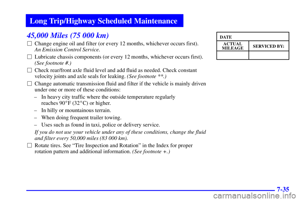 GMC SONOMA 2001 Owners Manual Long Trip/Highway Scheduled Maintenance
7-35
45,000 Miles (75 000 km)
Change engine oil and filter (or every 12 months, whichever occurs first).
An Emission Control Service.
Lubricate chassis comp GMC SONOMA 2001 Owners Manual Long Trip/Highway Scheduled Maintenance
7-35
45,000 Miles (75 000 km)
Change engine oil and filter (or every 12 months, whichever occurs first).
An Emission Control Service.
Lubricate chassis comp