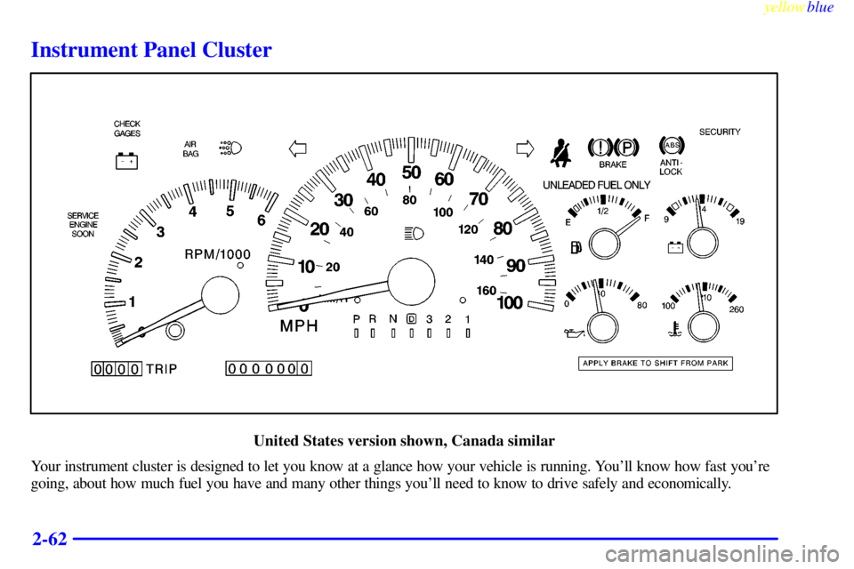 GMC SIERRA 1999  Owners Manual yellowblue     
2-62
Instrument Panel Cluster
United States version shown, Canada similar
Your instrument cluster is designed to let you know at a glance how your vehicle is running. Youll know how f