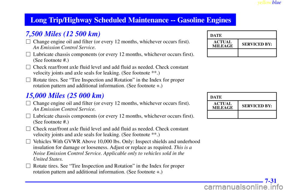 GMC SIERRA 1999 Owners Manual Long Trip/Highway Scheduled Maintenance -- Gasoline Engines
yellowblue
7-31
7,500 Miles (12 500 km)
Change engine oil and filter (or every 12 months, whichever occurs first).
An Emission Contro GMC SIERRA 1999 Owners Manual Long Trip/Highway Scheduled Maintenance -- Gasoline Engines
yellowblue
7-31
7,500 Miles (12 500 km)
Change engine oil and filter (or every 12 months, whichever occurs first).
An Emission Contro