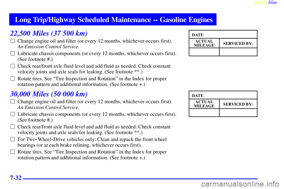 GMC SIERRA 1999 Owners Manual Long Trip/Highway Scheduled Maintenance -- Gasoline Engines
yellowblue
7-32
22,500 Miles (37 500 km)
Change engine oil and filter (or every 12 months, whichever occurs first).
An Emission Contr GMC SIERRA 1999 Owners Manual Long Trip/Highway Scheduled Maintenance -- Gasoline Engines
yellowblue
7-32
22,500 Miles (37 500 km)
Change engine oil and filter (or every 12 months, whichever occurs first).
An Emission Contr