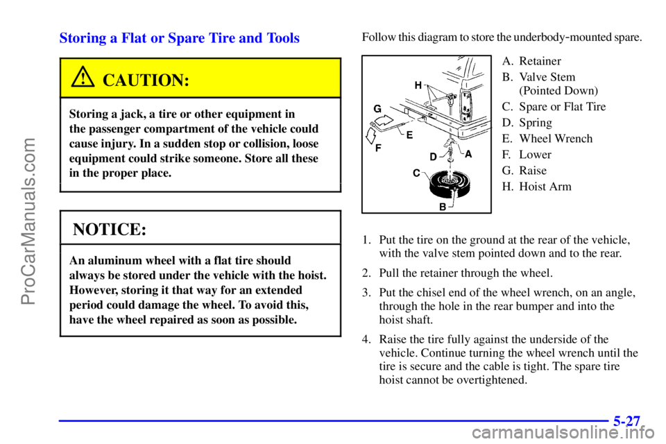 GMC ENVOY 2001  Owners Manual 5-27 Storing a Flat or Spare Tire and Tools
CAUTION:
Storing a jack, a tire or other equipment in 
the passenger compartment of the vehicle could
cause injury. In a sudden stop or collision, loose
equ