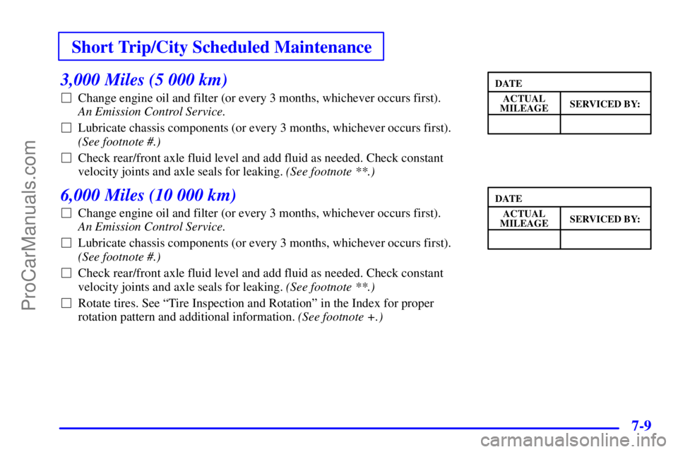 GMC ENVOY 2001  Owners Manual Short Trip/City Scheduled Maintenance
7-9
3,000 Miles (5 000 km)
Change engine oil and filter (or every 3 months, whichever occurs first). 
An Emission Control Service. 
Lubricate chassis components