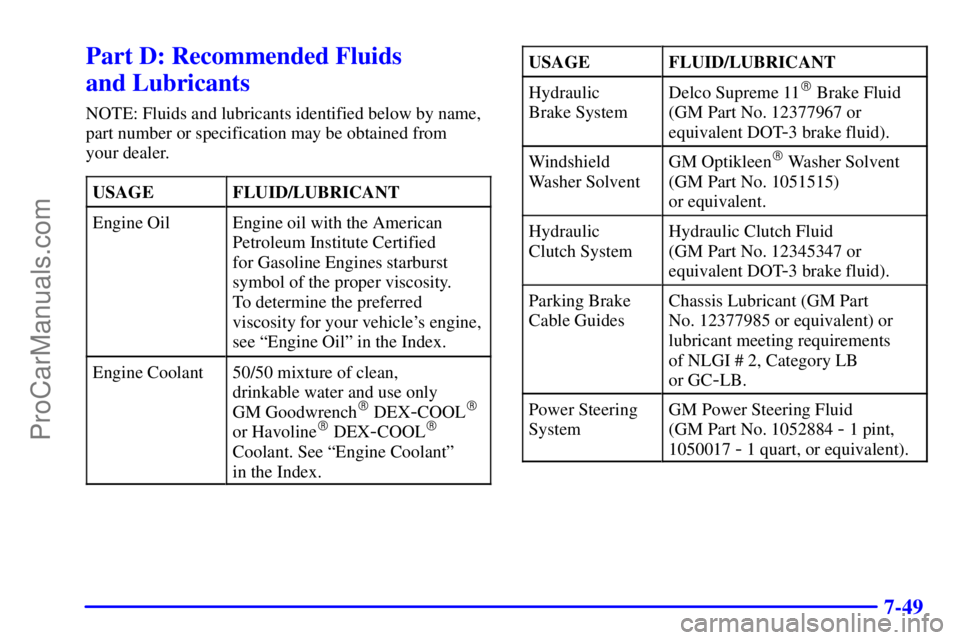 GMC ENVOY 2001  Owners Manual 7-49
Part D: Recommended Fluids 
and Lubricants
NOTE: Fluids and lubricants identified below by name,
part number or specification may be obtained from 
your dealer.
USAGE
FLUID/LUBRICANT
Engine OilEn