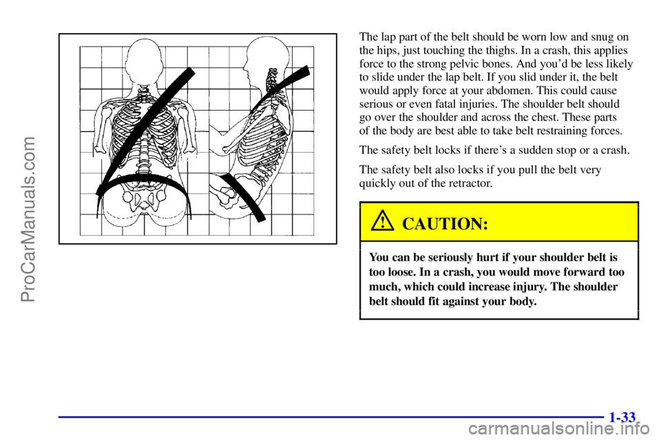 GMC ENVOY 2001  Owners Manual 1-33
The lap part of the belt should be worn low and snug on
the hips, just touching the thighs. In a crash, this applies
force to the strong pelvic bones. And youd be less likely
to slide under the 