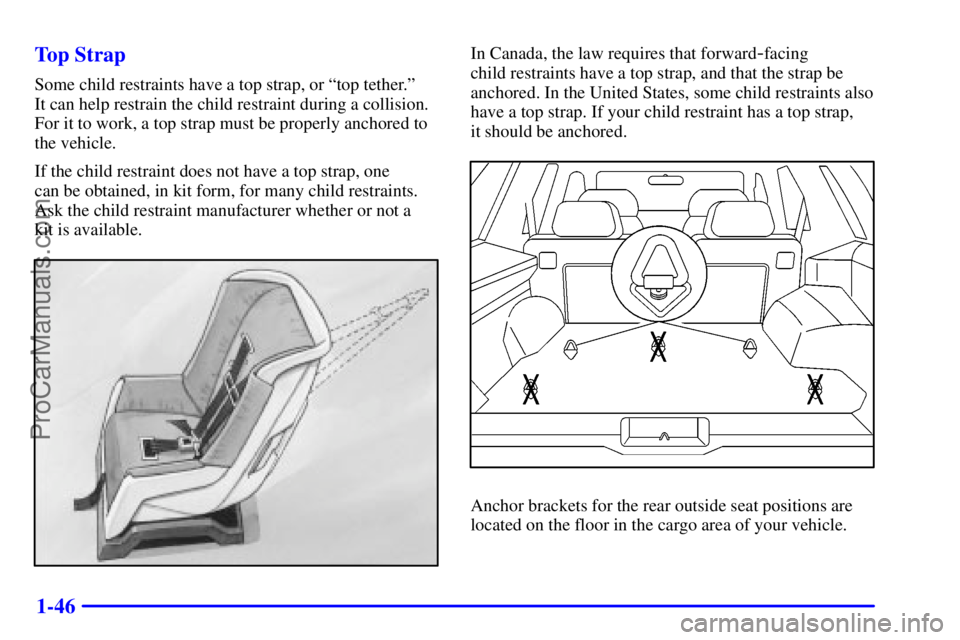 GMC ENVOY 2001  Owners Manual 1-46 Top Strap
Some child restraints have a top strap, or ªtop tether.º 
It can help restrain the child restraint during a collision.
For it to work, a top strap must be properly anchored to
the veh