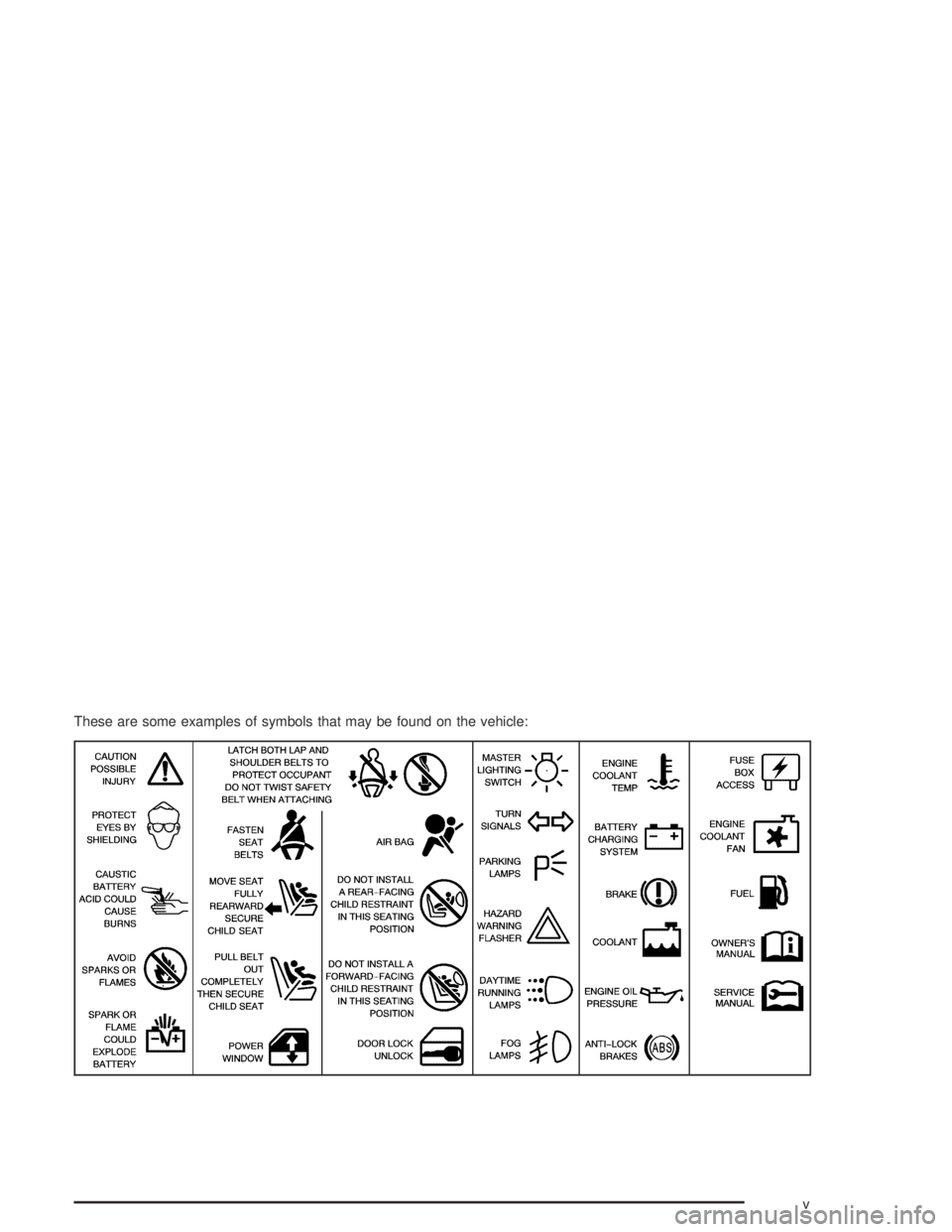 GMC ENVOY XL 2004  Owners Manual These are some examples of symbols that may be found on the vehicle:
v 