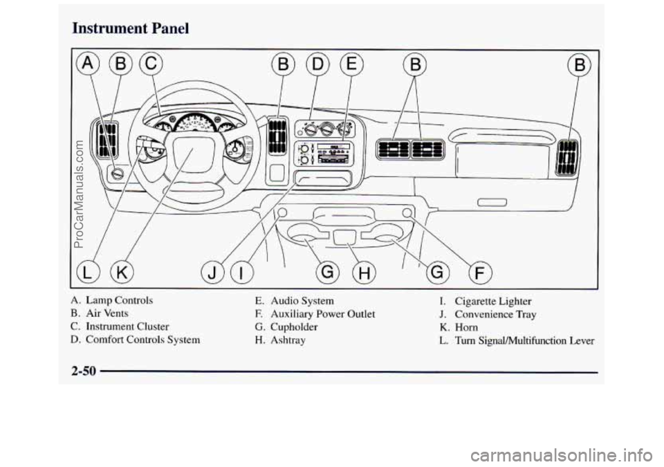 GMC SAVANA 1998  Owners Manual Instrument  Panel 
A. Lamp  Controls 
B. Air  Vents 
C. Instrument  Cluster 
D. Comfort  Controls  System 
E. Audio System 
E Auxiliary  Power  Outlet 
G. Cupholder 
H. Ashtray  I.  Cigarette 
Lighter