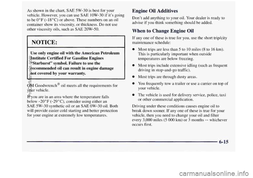 GMC SAVANA 1998  Owners Manual As shown in the chart, SAE 5W-30  is best  for your 
vehicle.  However,  you  can use 
SAE 1OW-30  if  it’s going 
to be 0” F (- 18°C)  or above.  These numbers on an oil 
container  show its vis