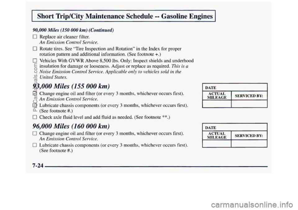 GMC SAVANA 1998  Owners Manual I Short Trip/City  Maintenance  Schedule -- Gasoline  Engines 
90,000 Miles (150 000 km) (Continued) 
0 Replace air cleaner  filter. 
An Emission Control  Service. 
0 Rotate tires. See “Tire  Inspec