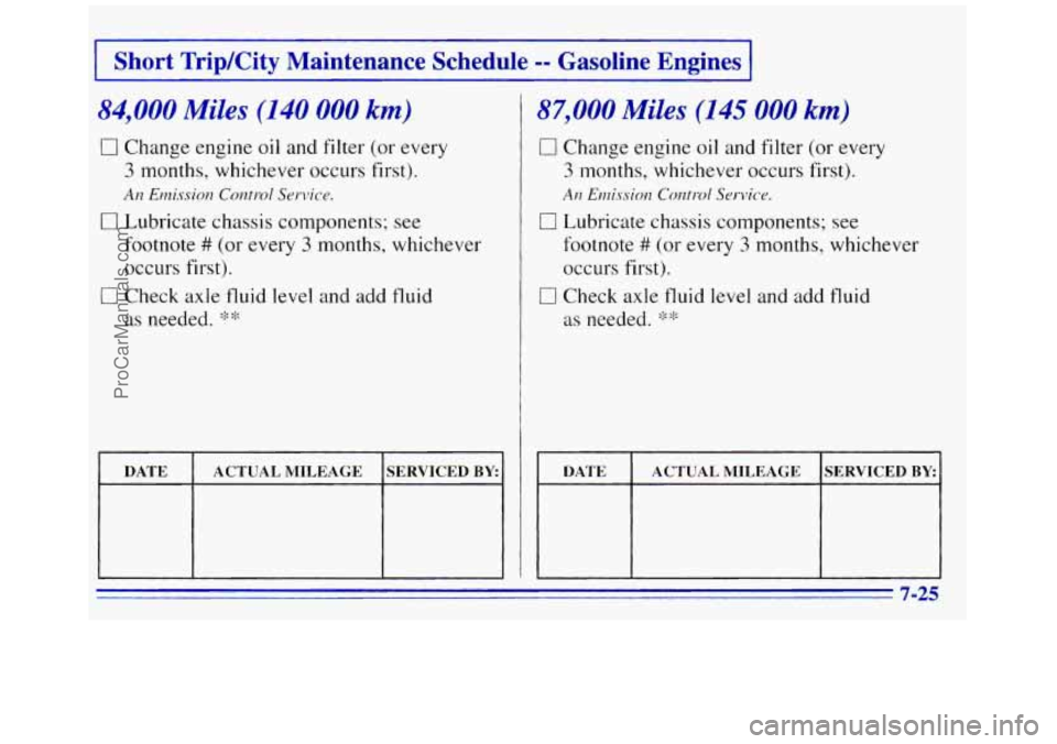 GMC SAVANA 1996  Owners Manual I Short TripKity  Maintenance  Schedule =- Gasoline  Engines I 
84,000 Miles (140 000 km) 
0 Change engine  oil  and filter (or every 
3 months,  whichever  occurs first). 
0 Lubricate chassis compone
