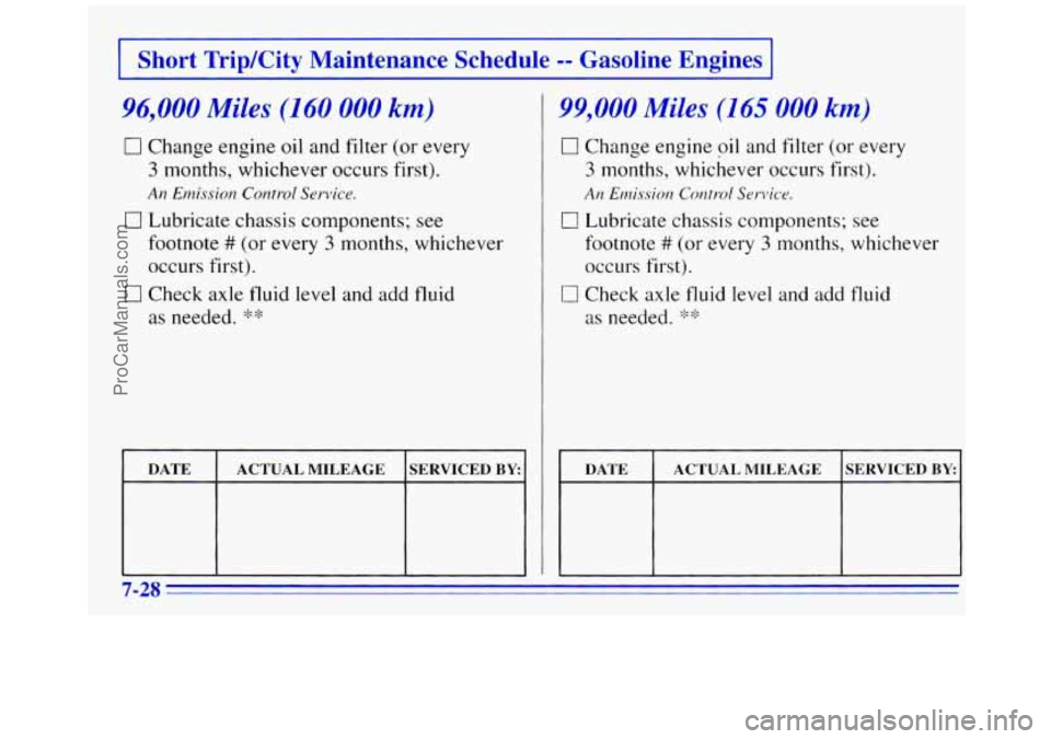 GMC SAVANA 1996  Owners Manual 1 Short Trip/City  Maintenance  Schedule -- Gasoline  Engines I 
96,000 Miles (160 000 km) 
0 Change  engine oil and  filter  (or  every 
3 months,  whichever  occurs  first). 
0 Lubricate  chassis  c