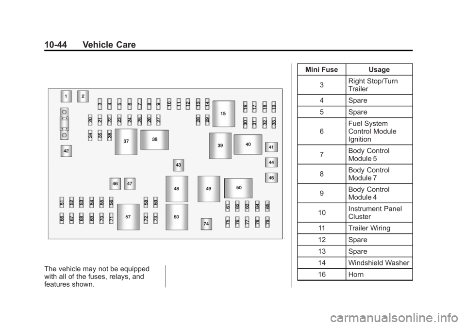 GMC SAVANA PASSENGER 2012  Owners Manual Black plate (44,1)GMC Savana Owner Manual - 2012 - 2nd - 11/11/11
10-44 Vehicle Care
The vehicle may not be equipped
with all of the fuses, relays, and
features shown.Mini Fuse Usage
3 Right Stop/Turn