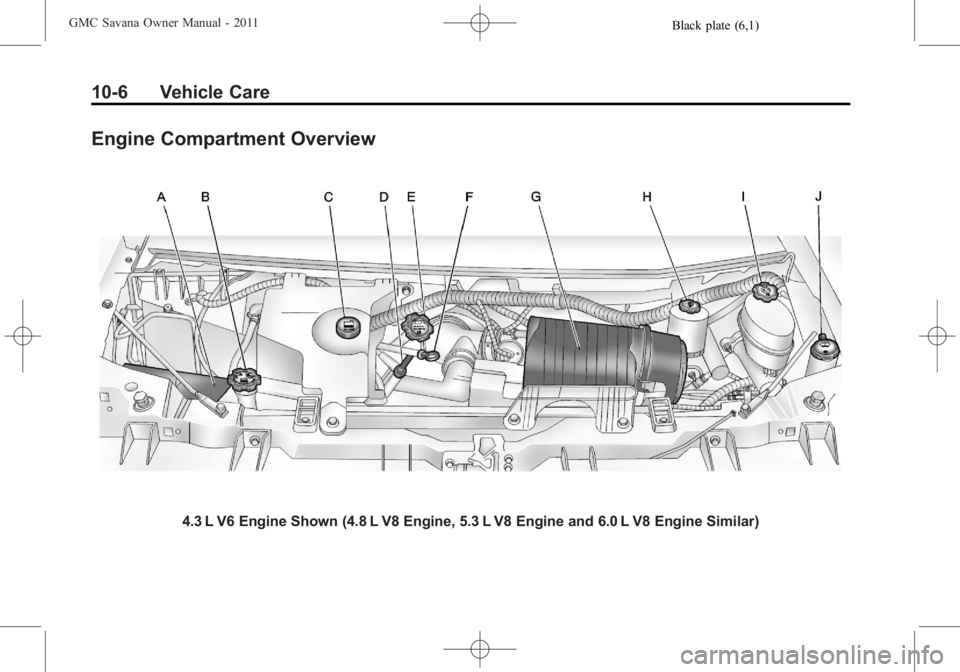 GMC SAVANA PASSENGER 2011  Owners Manual Black plate (6,1)GMC Savana Owner Manual - 2011
10-6 Vehicle Care
Engine Compartment Overview
4.3 L V6 Engine Shown (4.8 L V8 Engine, 5.3 L V8 Engine and 6.0 L V8 Engine Similar) 