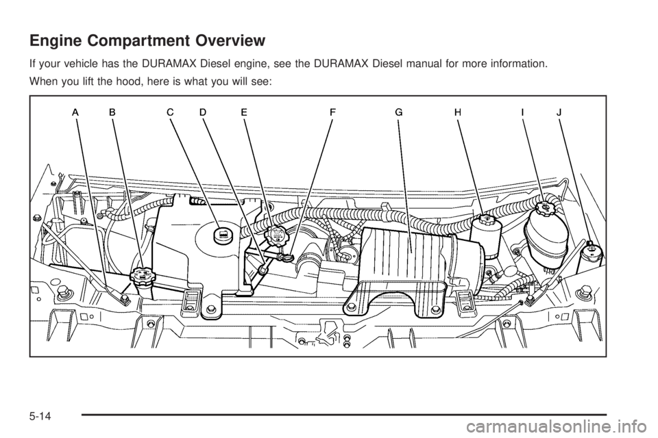 GMC SAVANA PASSENGER 2009  Owners Manual Engine Compartment Overview
If your vehicle has the DURAMAX Diesel engine, see the DURAMAX Diesel manual for more information.
When you lift the hood, here is what you will see:
5-14 