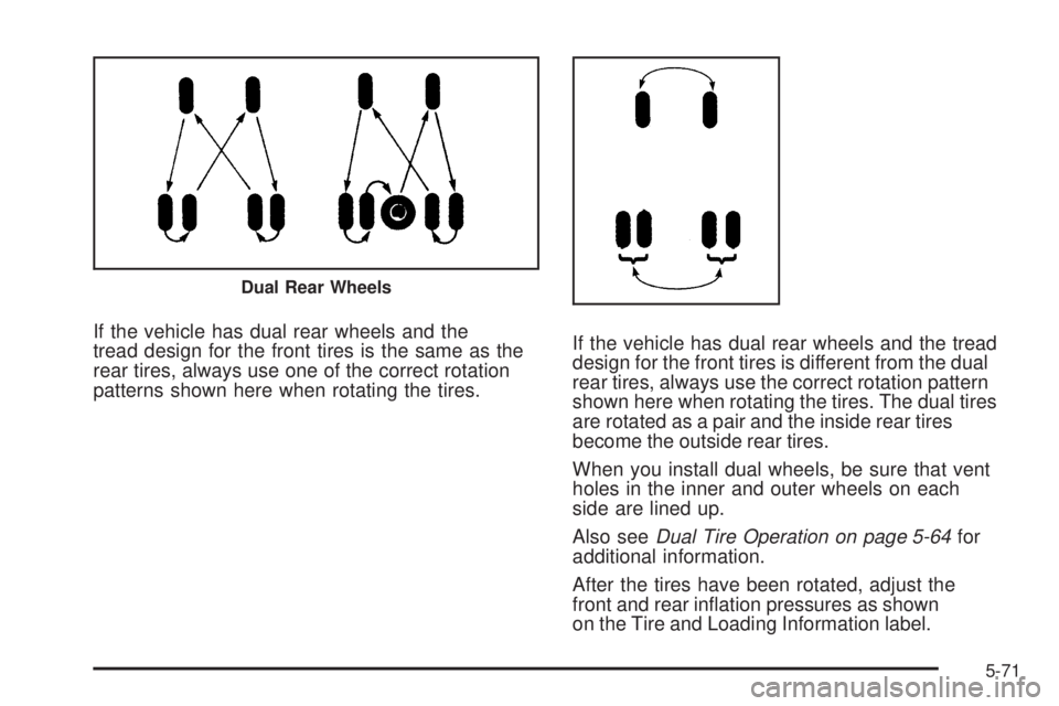 GMC SAVANA PASSENGER 2009  Owners Manual If the vehicle has dual rear wheels and the
tread design for the front tires is the same as the
rear tires, always use one of the correct rotation
patterns shown here when rotating the tires.If the ve
