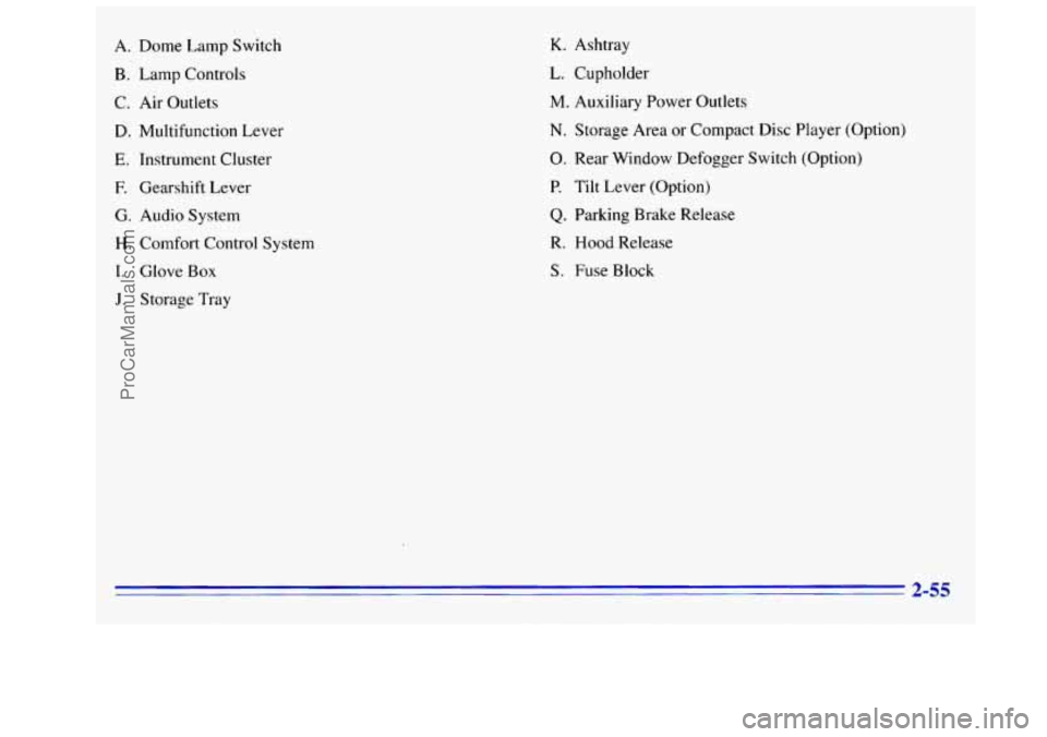 GMC SIERRA 1996  Owners Manual A. Dome Lamp Switch 
B. Lamp  Controls 
C. 
Air Outlets 
D. Multifunction  Lever 
E. Instrument  Cluster 
E Gearshift  Lever 
G. Audio System 
H. Comfort Control  System 
I. Glove Box 
J. Storage Tray